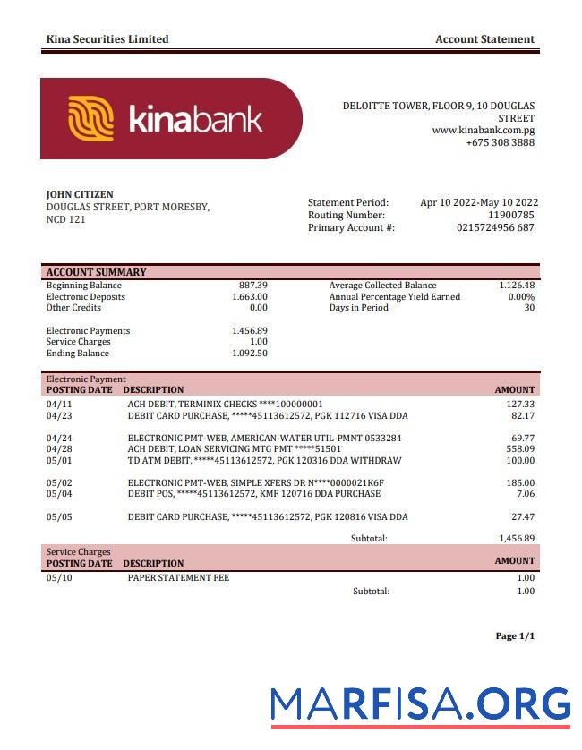 Printable Papua New Guinea Kina Securities Limites bank statement word example